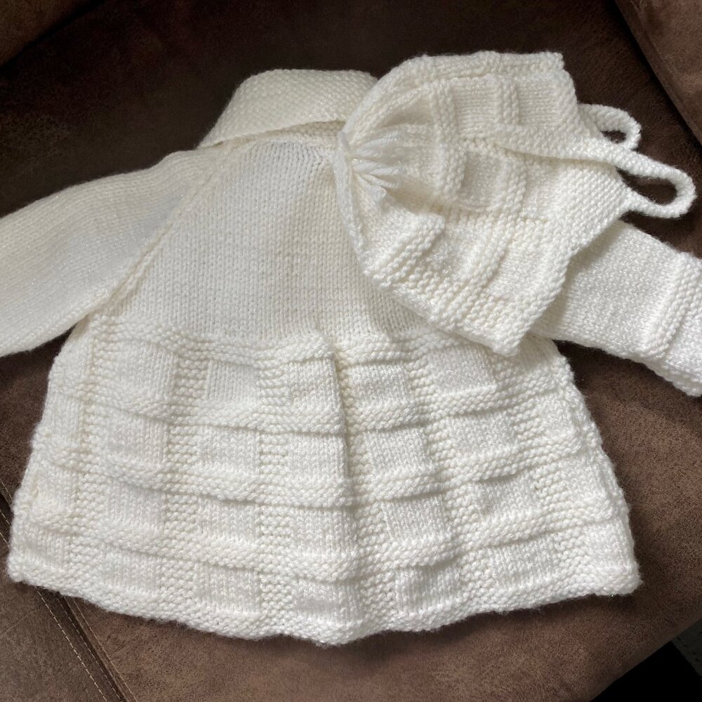 New Girls Baby Handknit Handmade Easter Lurex Cardigan Sweater Hat Set  3/9m - Picture 2 of 6